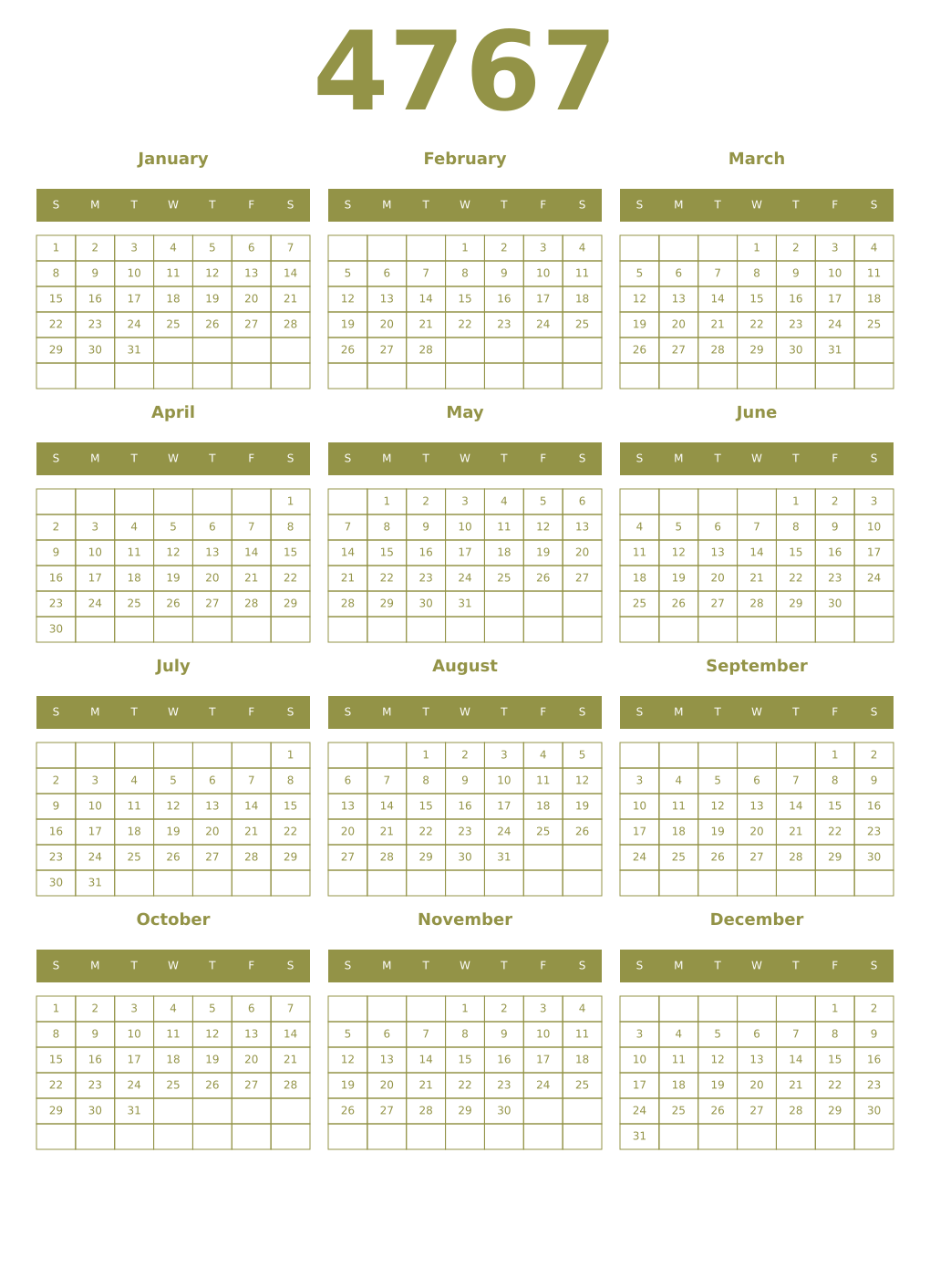 Printable 4767 Year Calendars eburnean