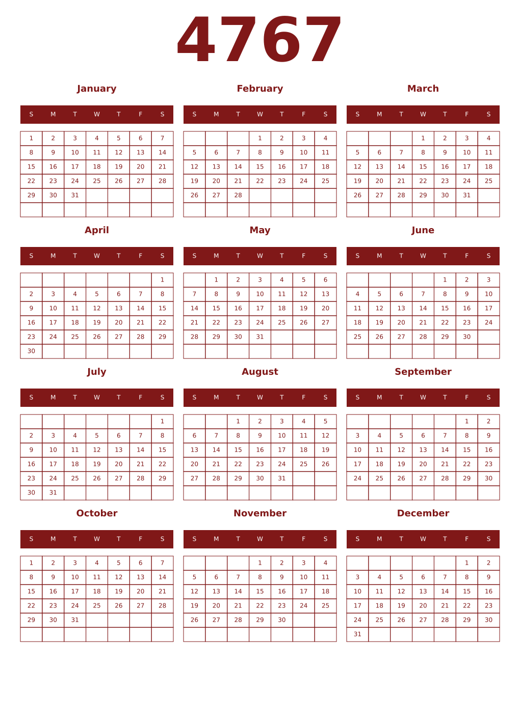 Printable 4767 Year Calendars falu