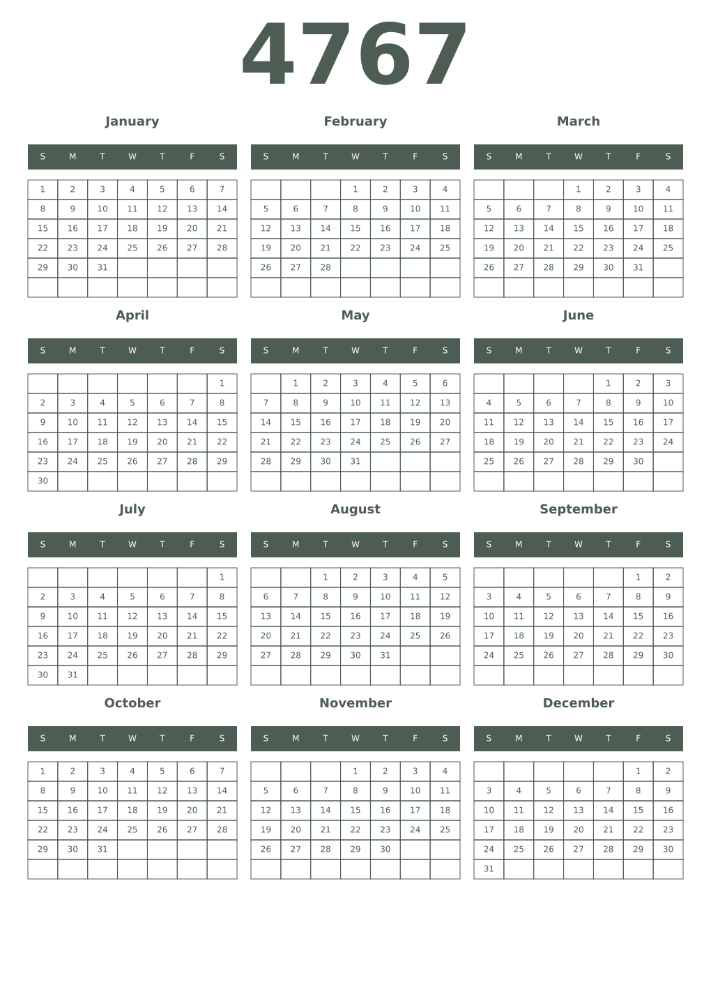 Printable 4767 Year Calendars feldgrau