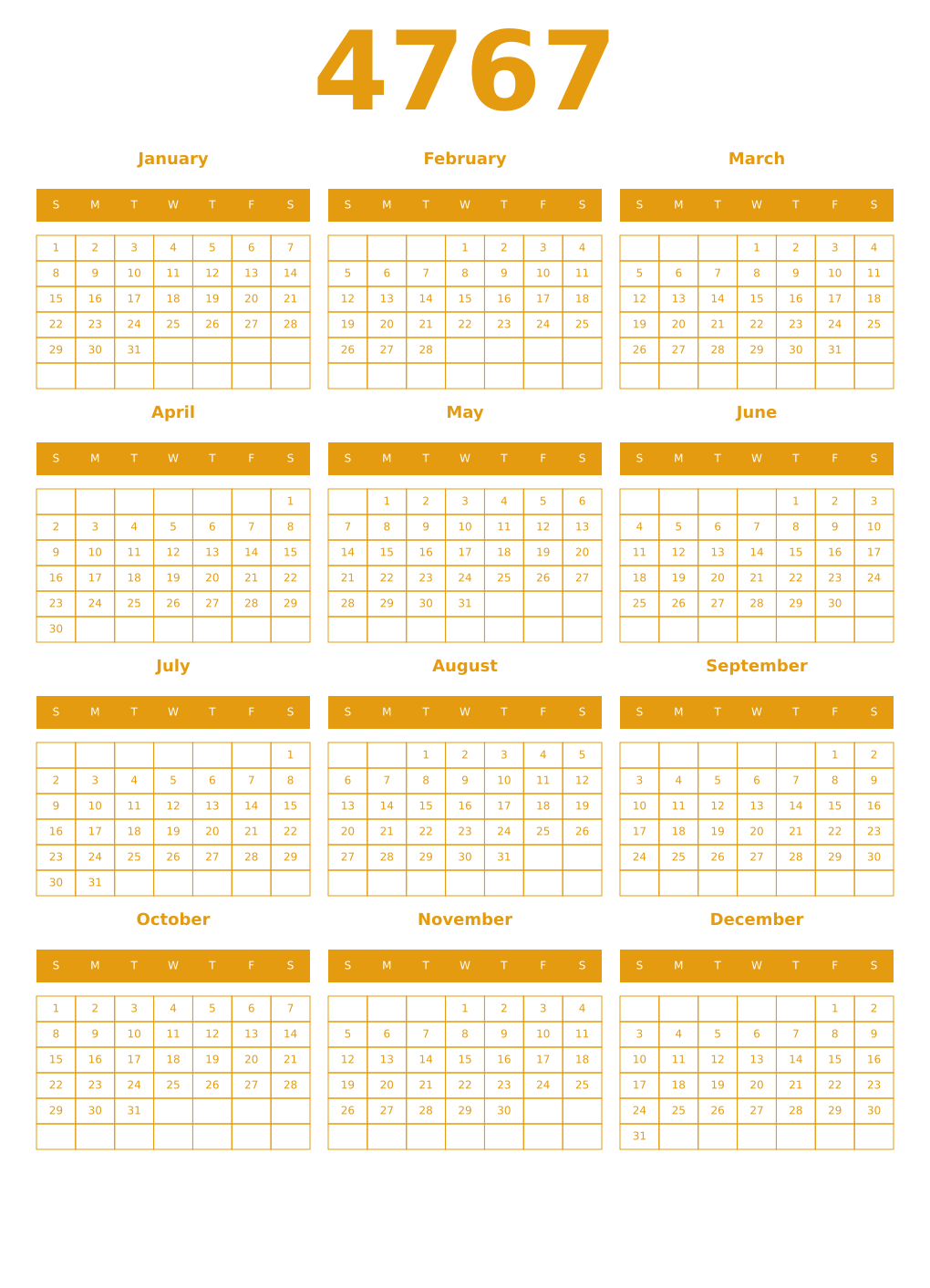 Printable 4767 Year Calendars gamboge