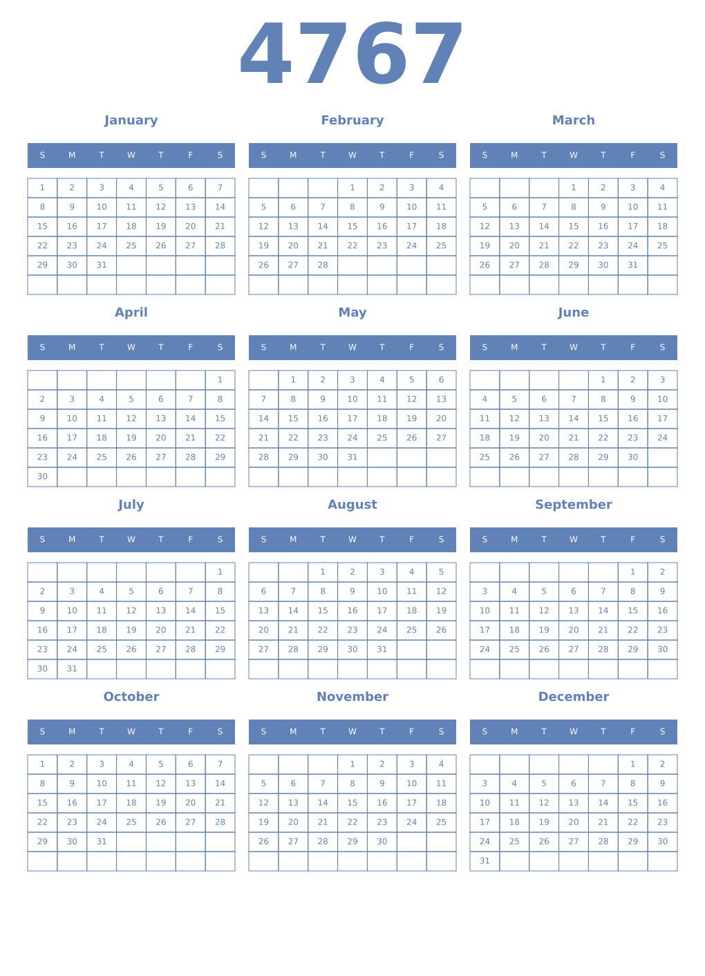 Printable 4767 Year Calendars glaucous