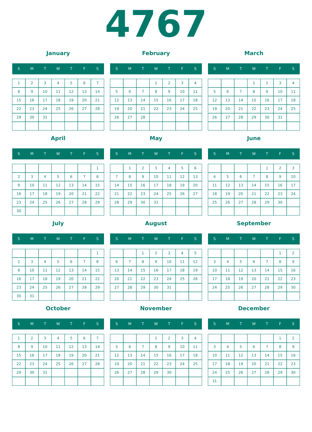 Printable 4767 Year Calendars pastel