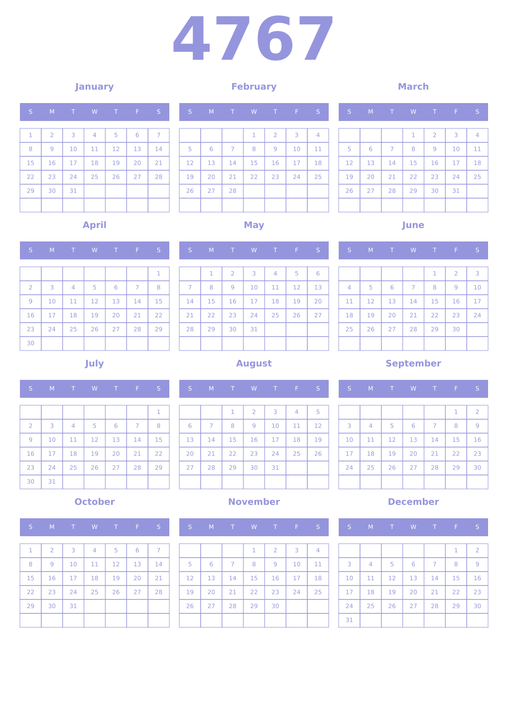 Printable 4767 Year Calendars periwinkle