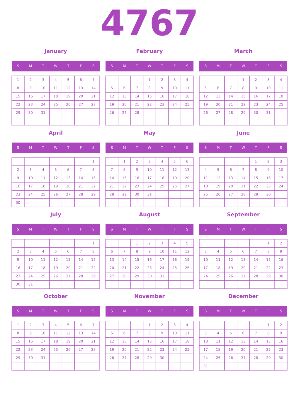 Printable 4767 Year Calendars purple