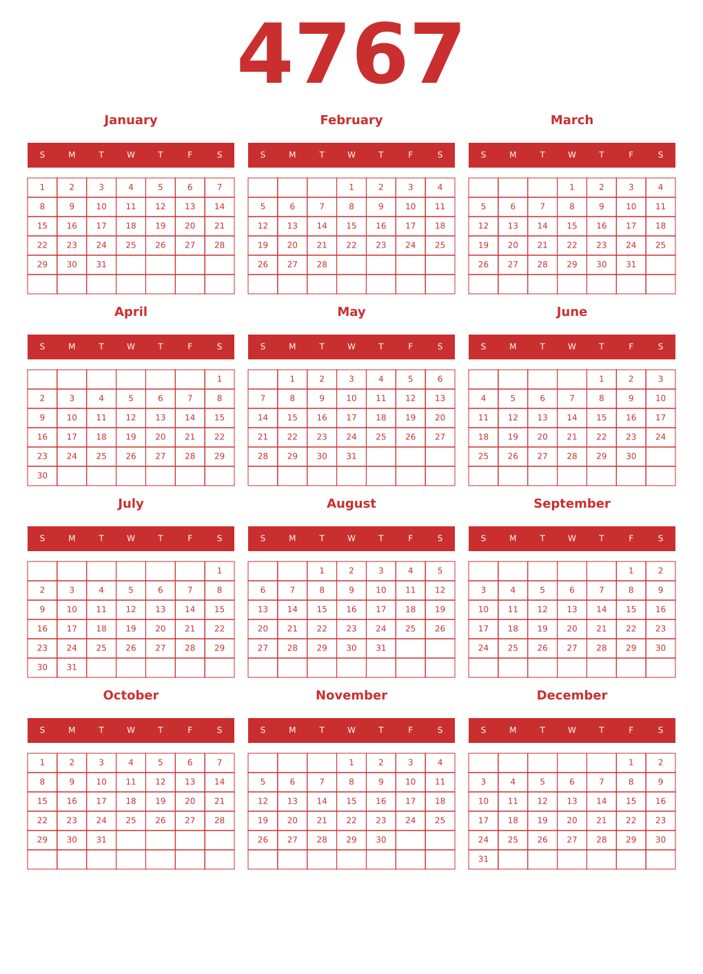 Printable 4767 Year Calendars red