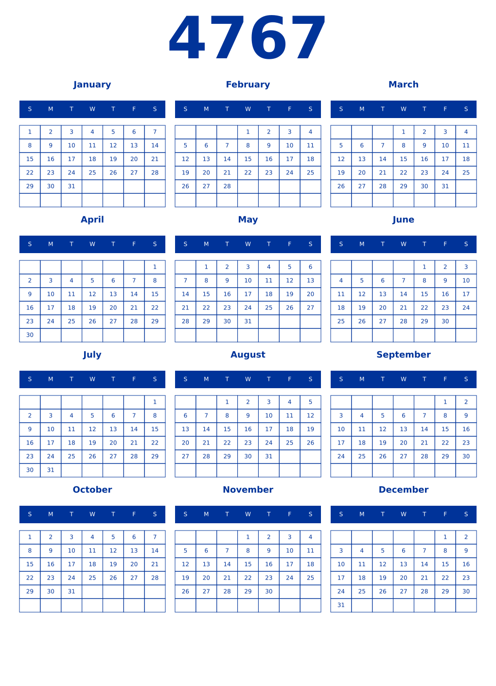 Printable 4767 Year Calendars smalt