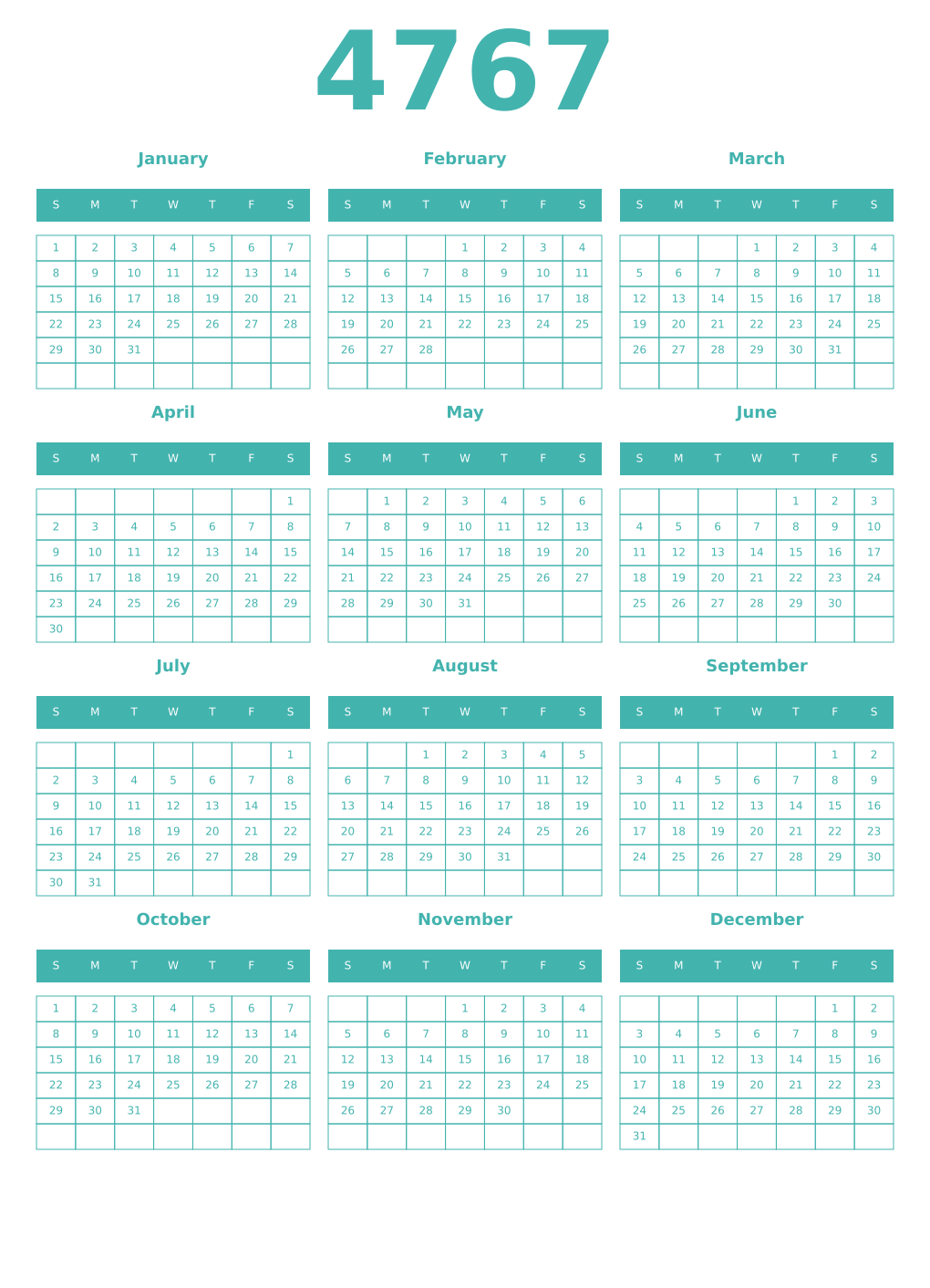 Printable 4767 Year Calendars verdigris