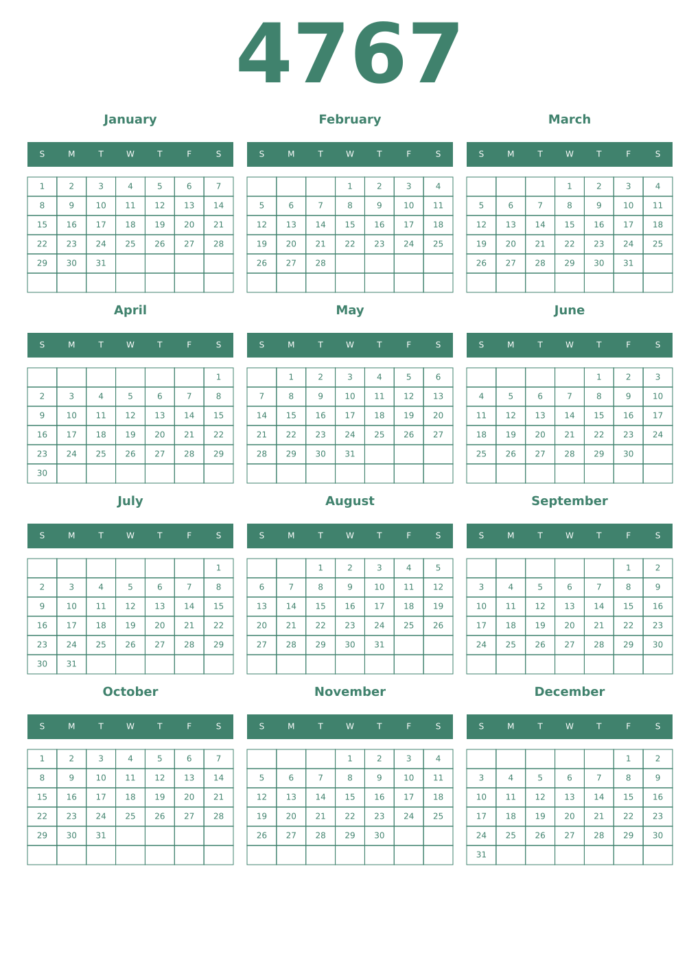 Printable 4767 Year Calendars viridian