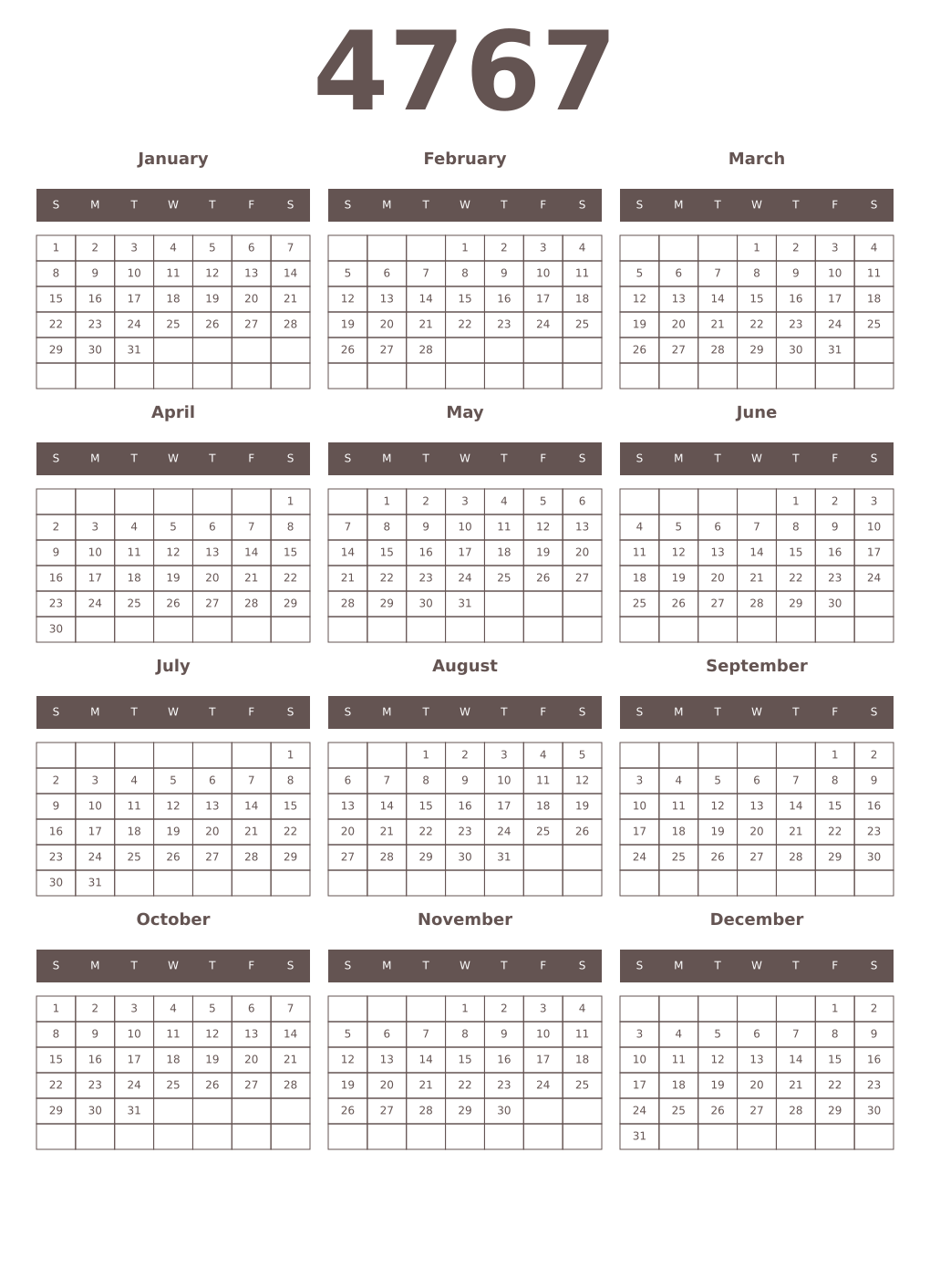 Printable 4767 Year Calendars wenge