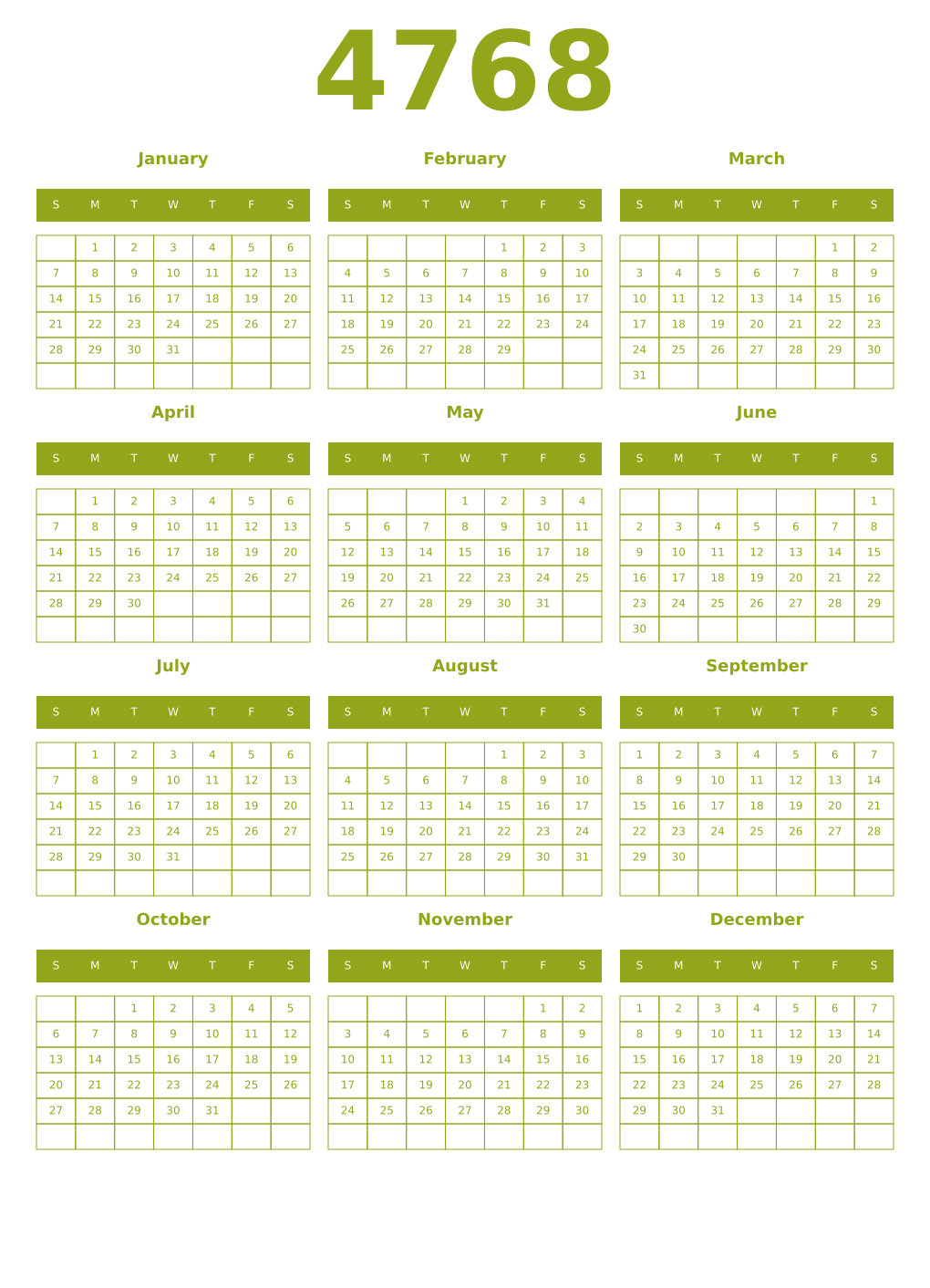 Printable 4768 Year Calendars chartreuse