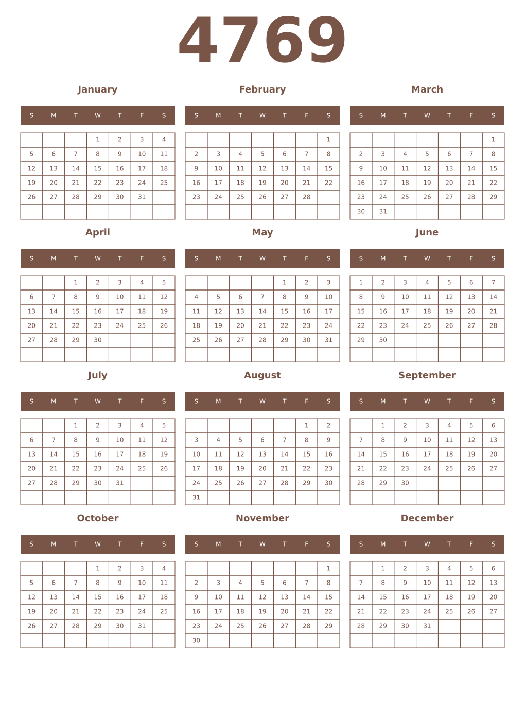 Printable 4769 Year Calendars coffe