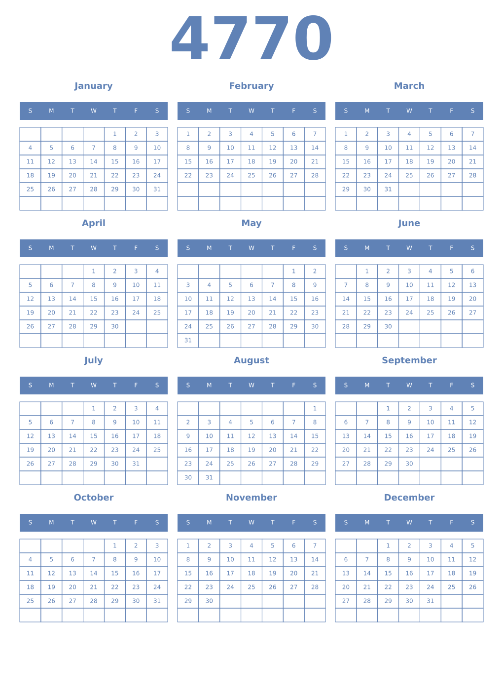 Printable 4770 Year Calendars glaucous