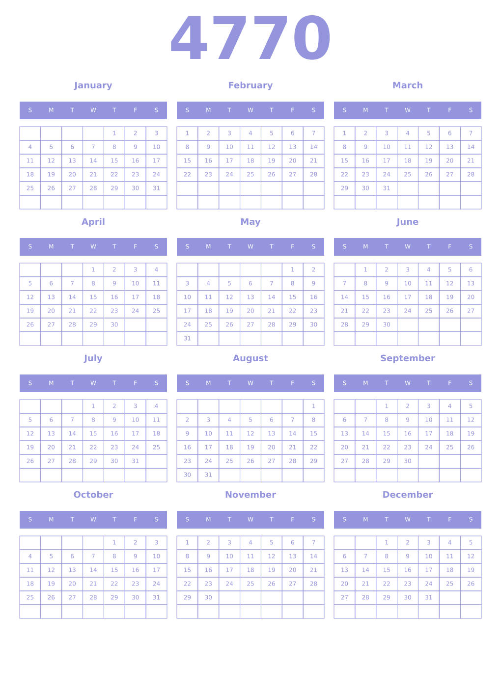 Printable 4770 Year Calendars periwinkle