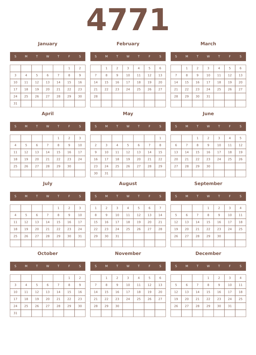 Printable 4771 Year Calendars coffe
