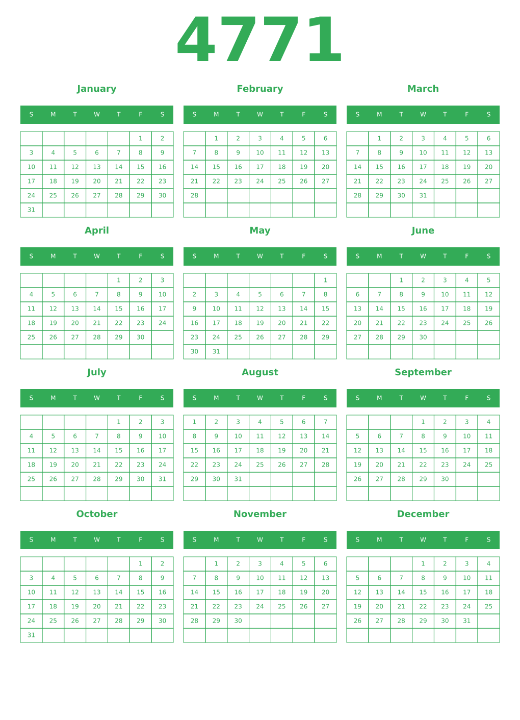 Printable 4771 Year Calendars green