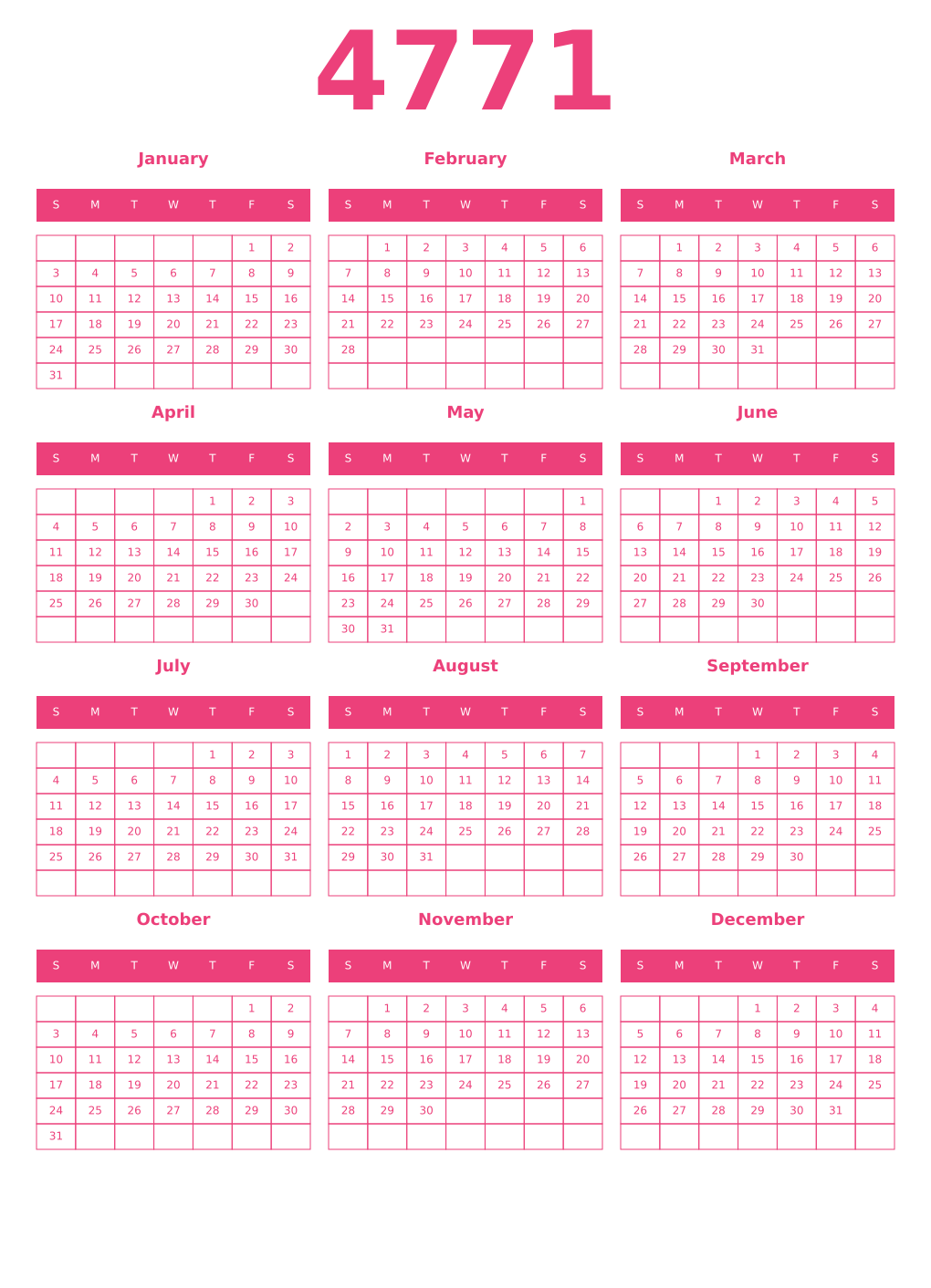 Printable 4771 Year Calendars pink