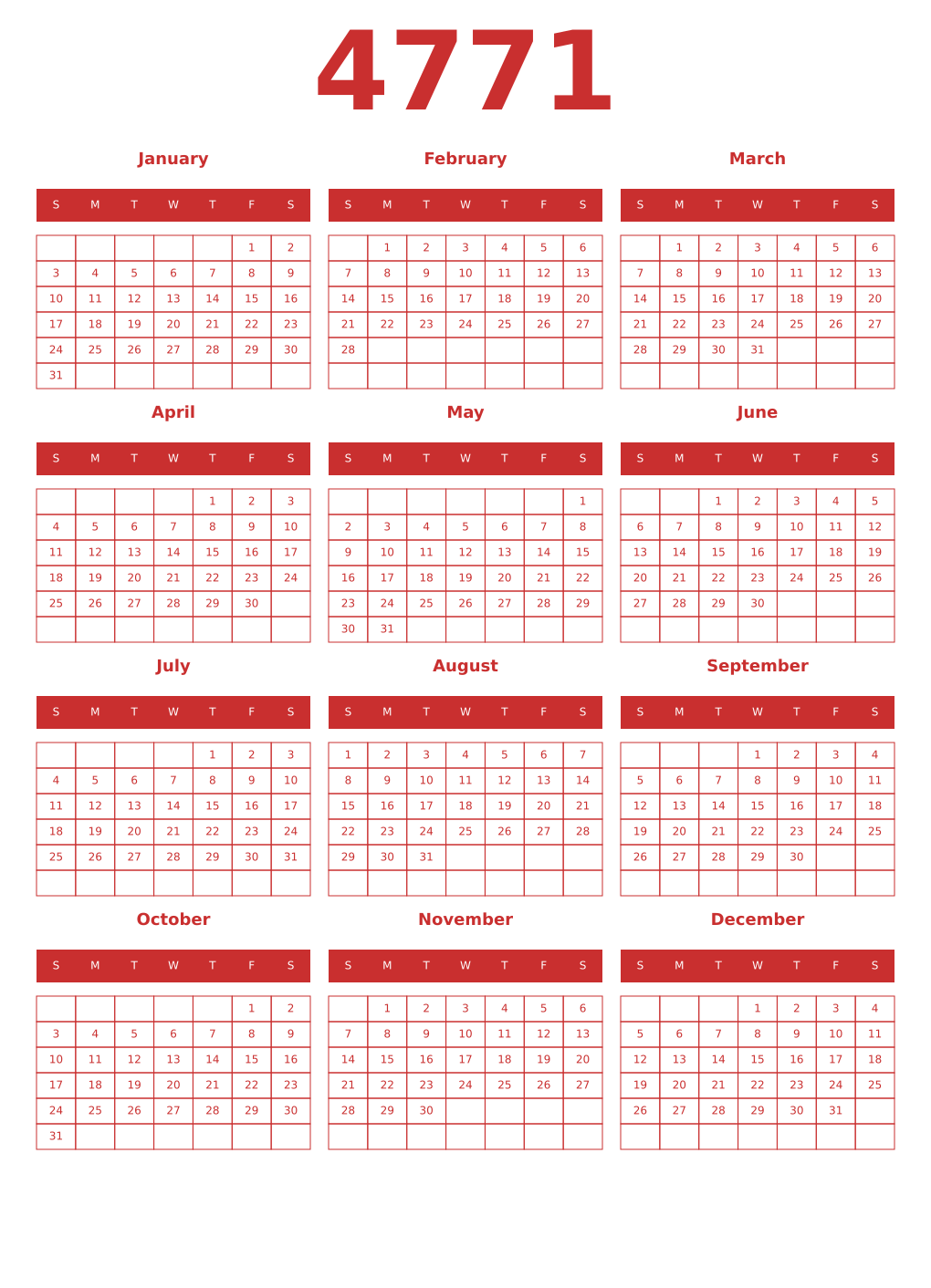 Printable 4771 Year Calendars red