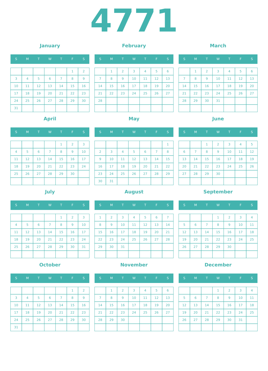 Printable 4771 Year Calendars verdigris