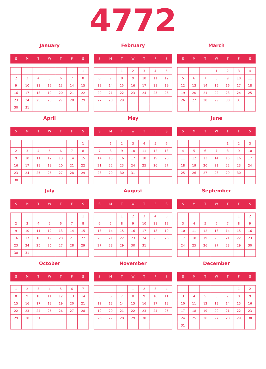 Printable 4772 Year Calendars amaranth