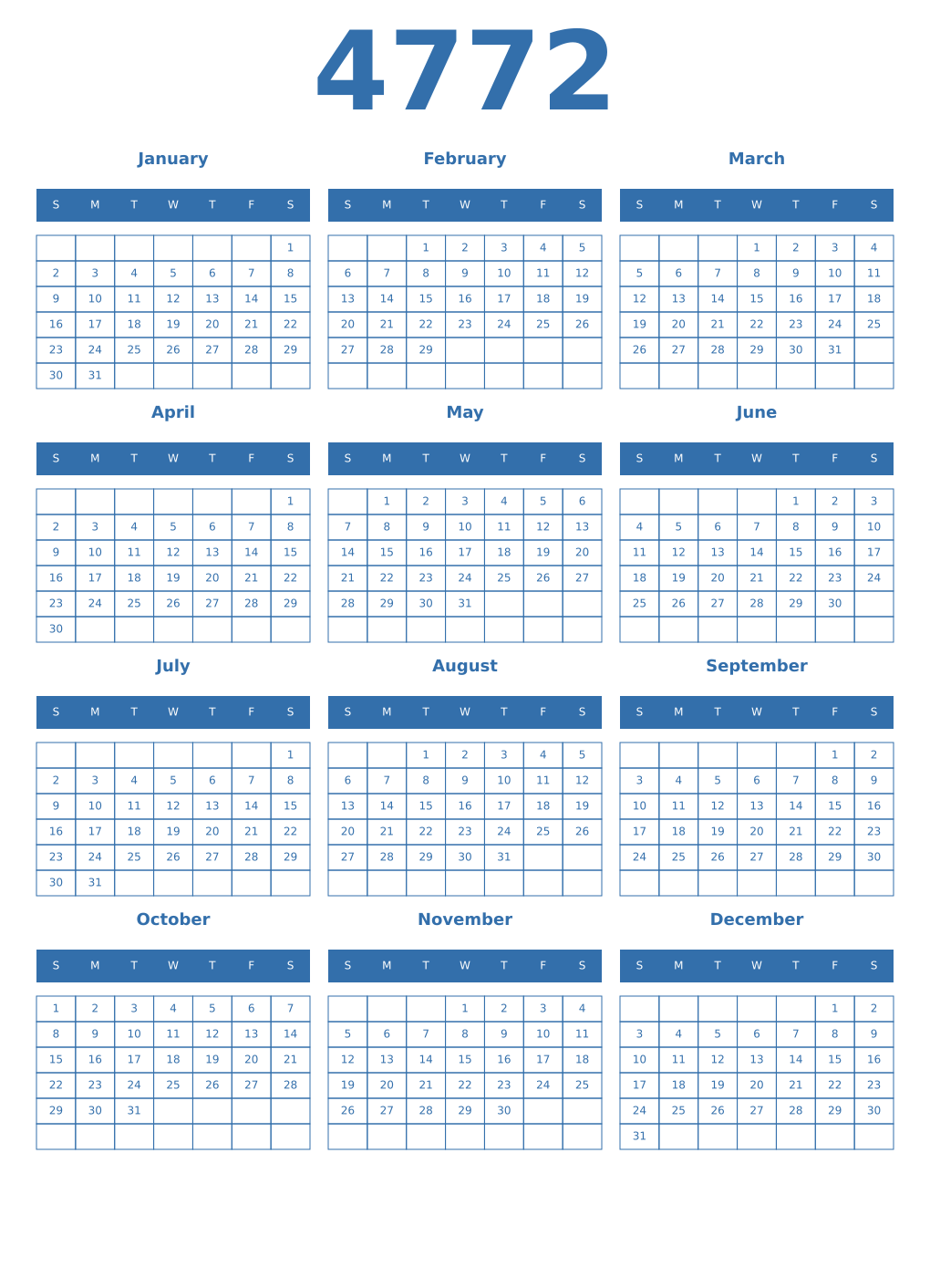 Printable 4772 Year Calendars blue