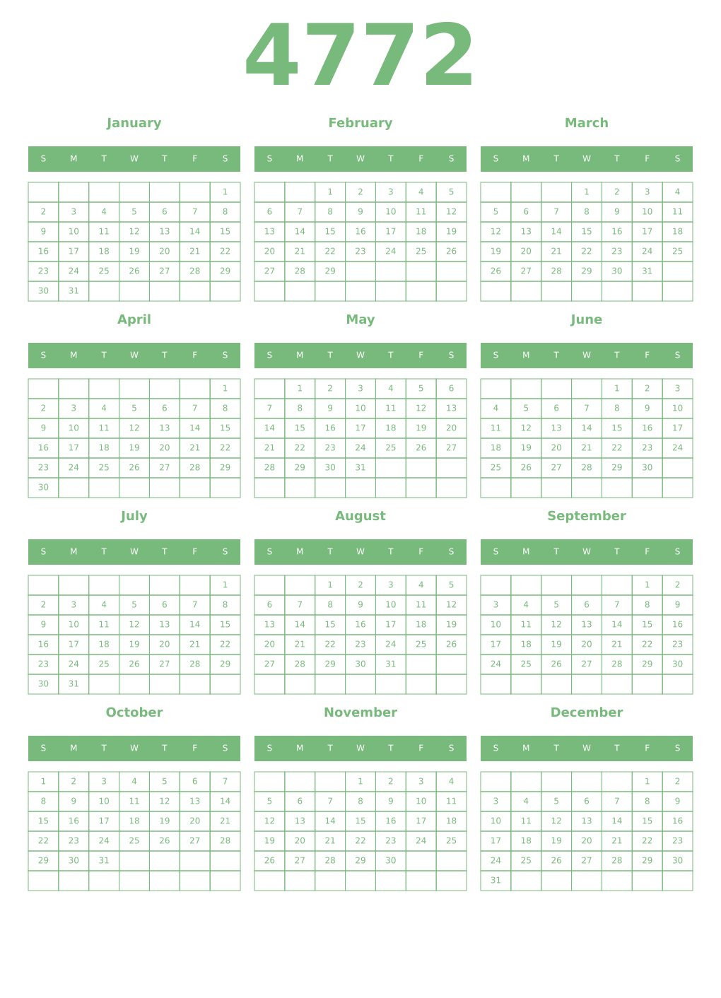 Printable 4772 Year Calendars celadon