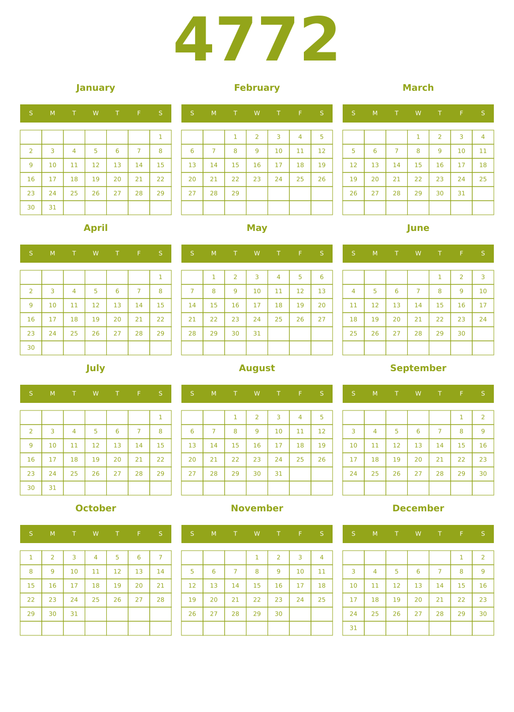Printable 4772 Year Calendars chartreuse