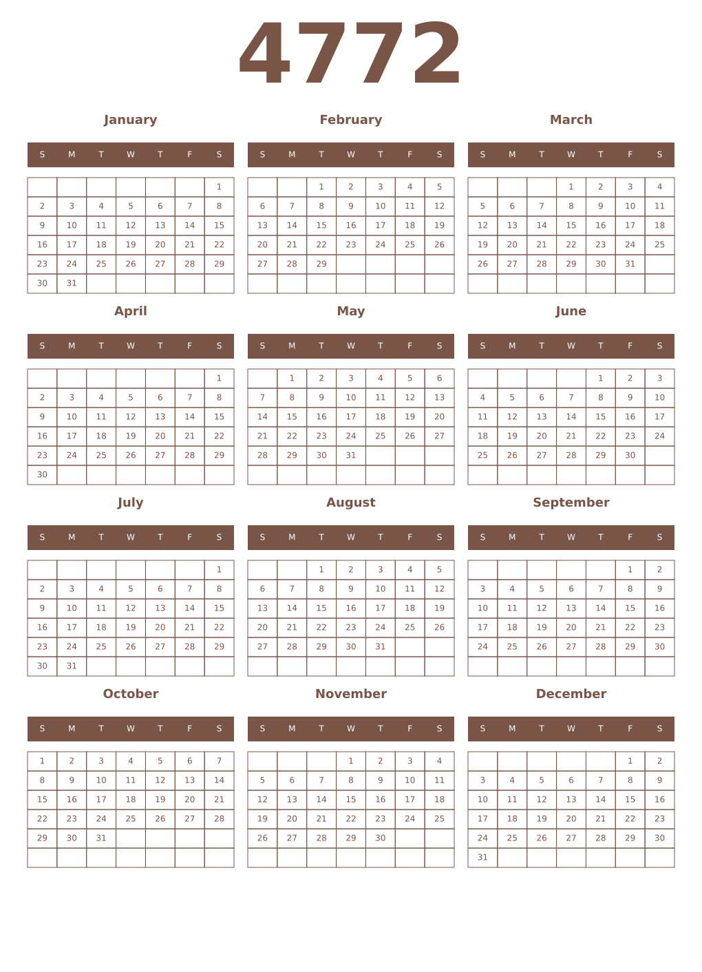 Printable 4772 Year Calendars coffe