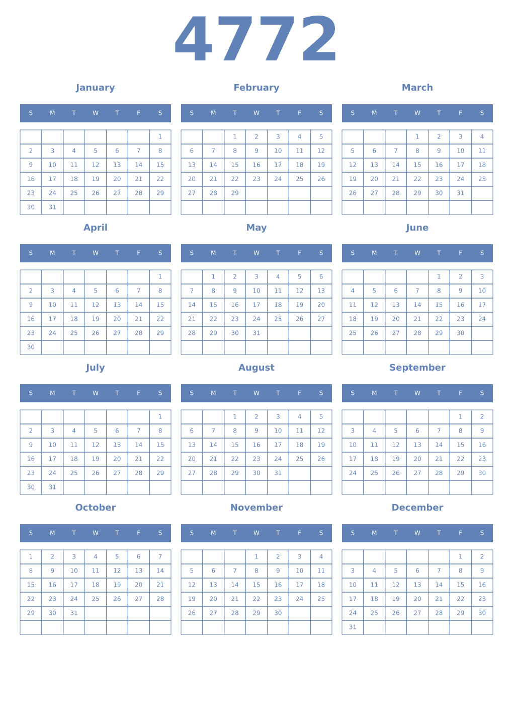 Printable 4772 Year Calendars glaucous
