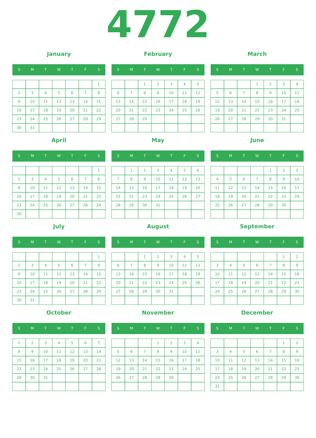 Printable 4772 Year Calendars green