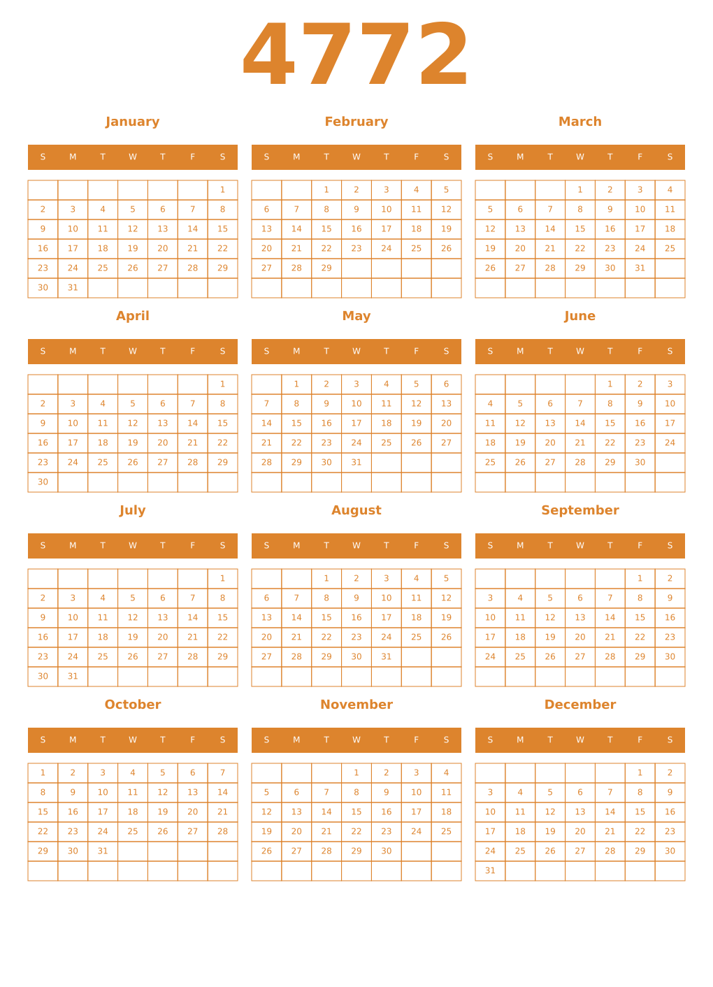 Printable 4772 Year Calendars orange