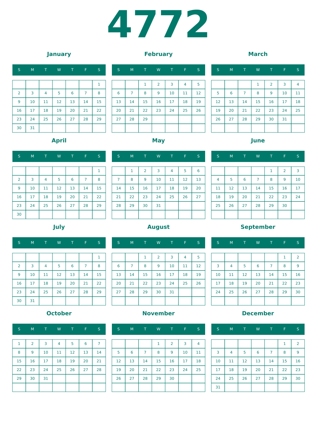Printable 4772 Year Calendars pastel