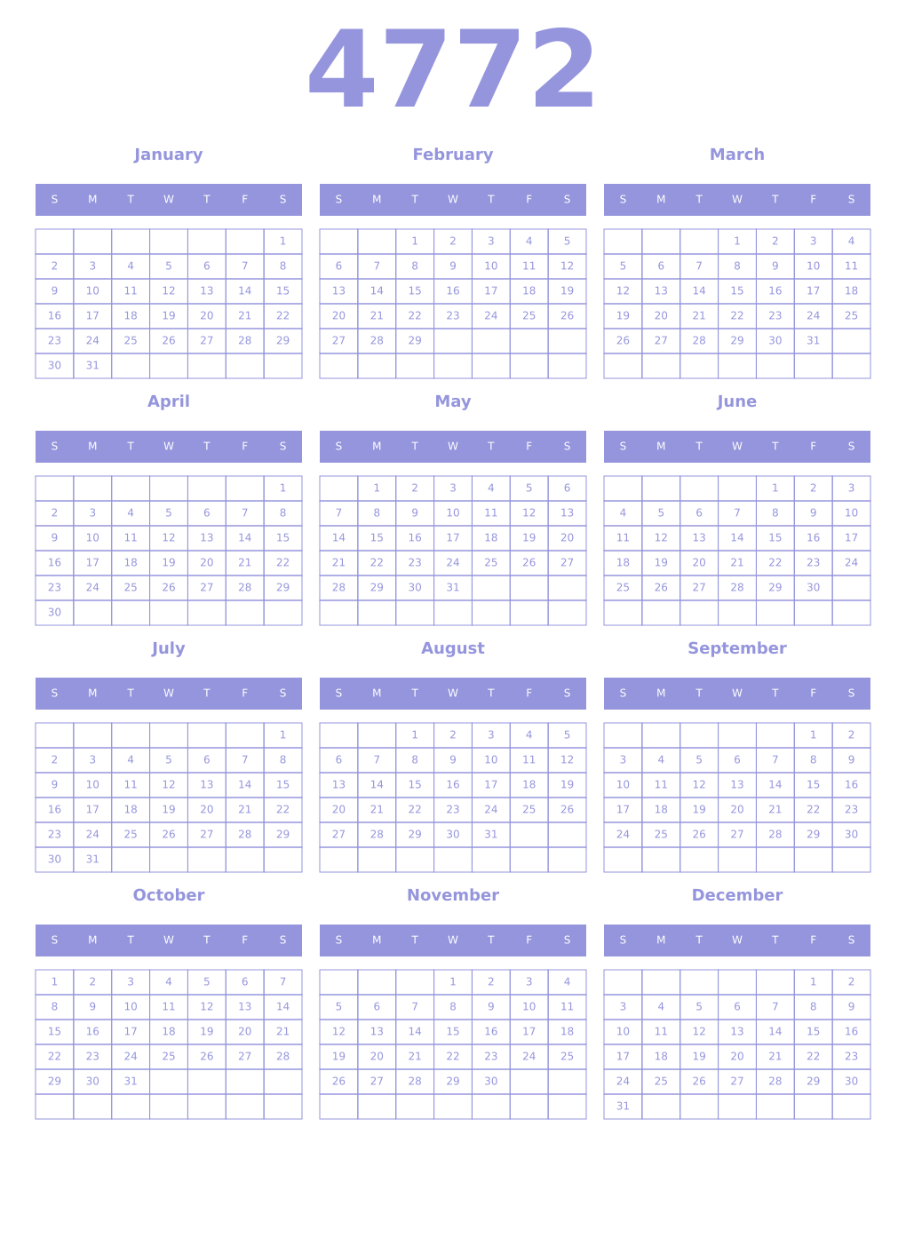 Printable 4772 Year Calendars periwinkle