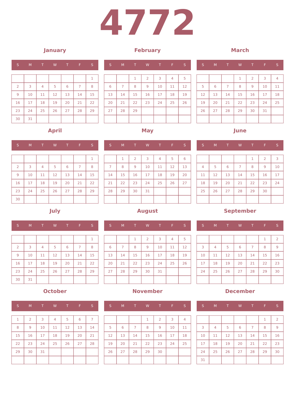Printable 4772 Year Calendars puce