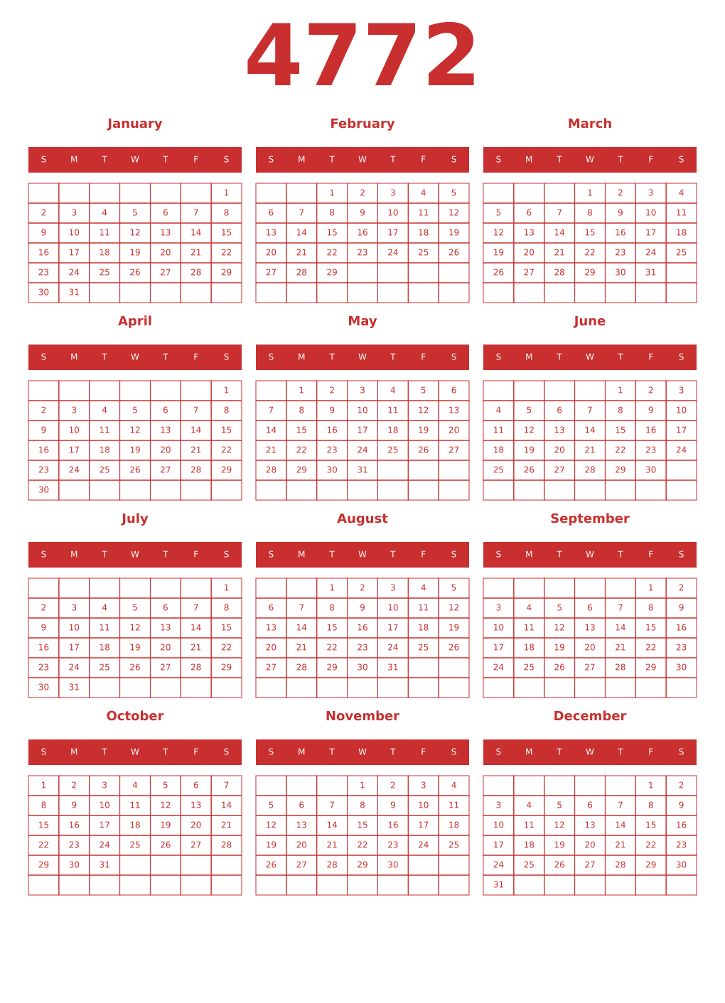 Printable 4772 Year Calendars red