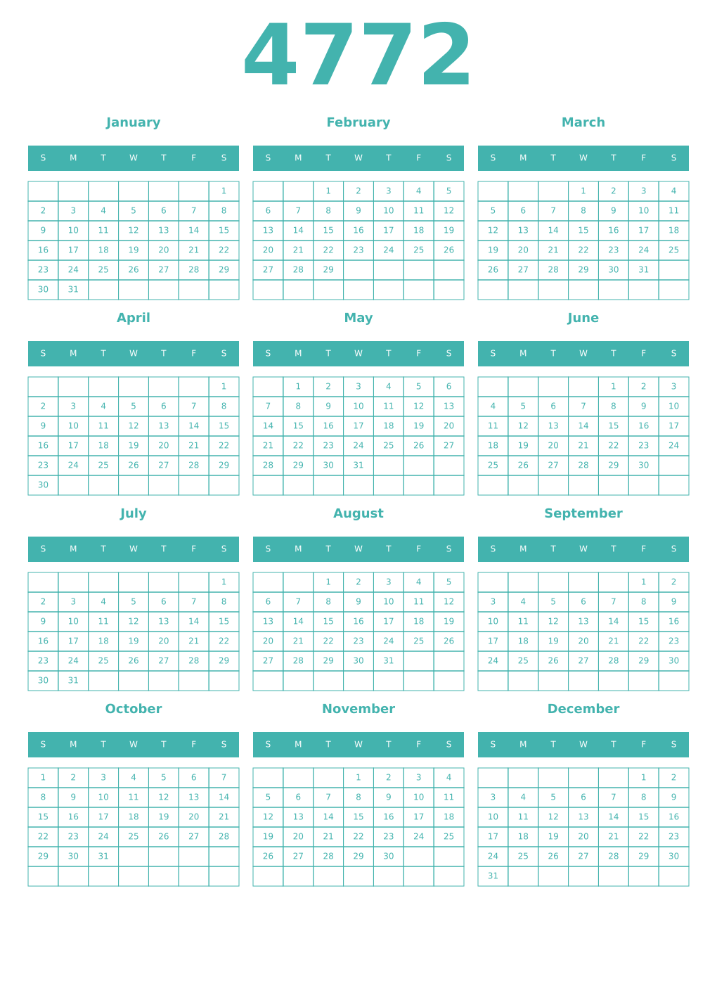 Printable 4772 Year Calendars verdigris