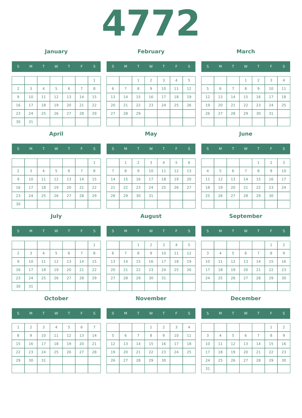 Printable 4772 Year Calendars viridian