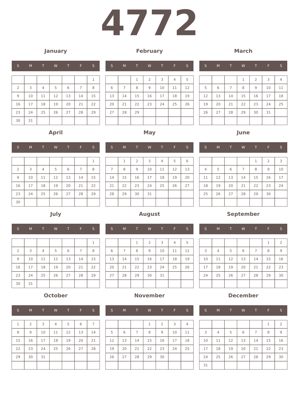Printable 4772 Year Calendars wenge