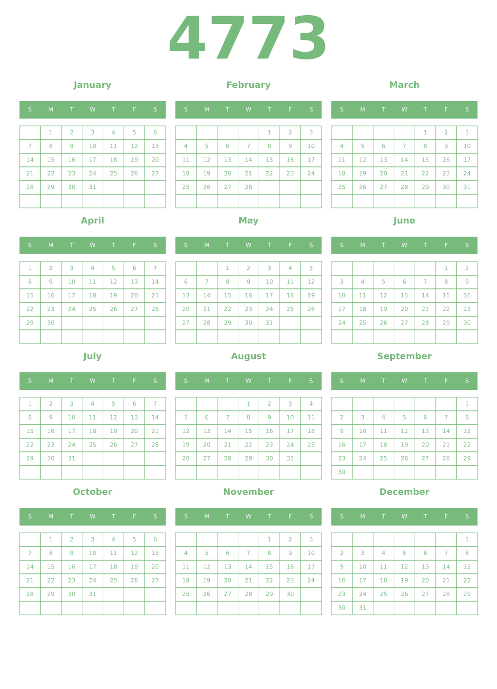 Printable 4773 Year Calendars celadon