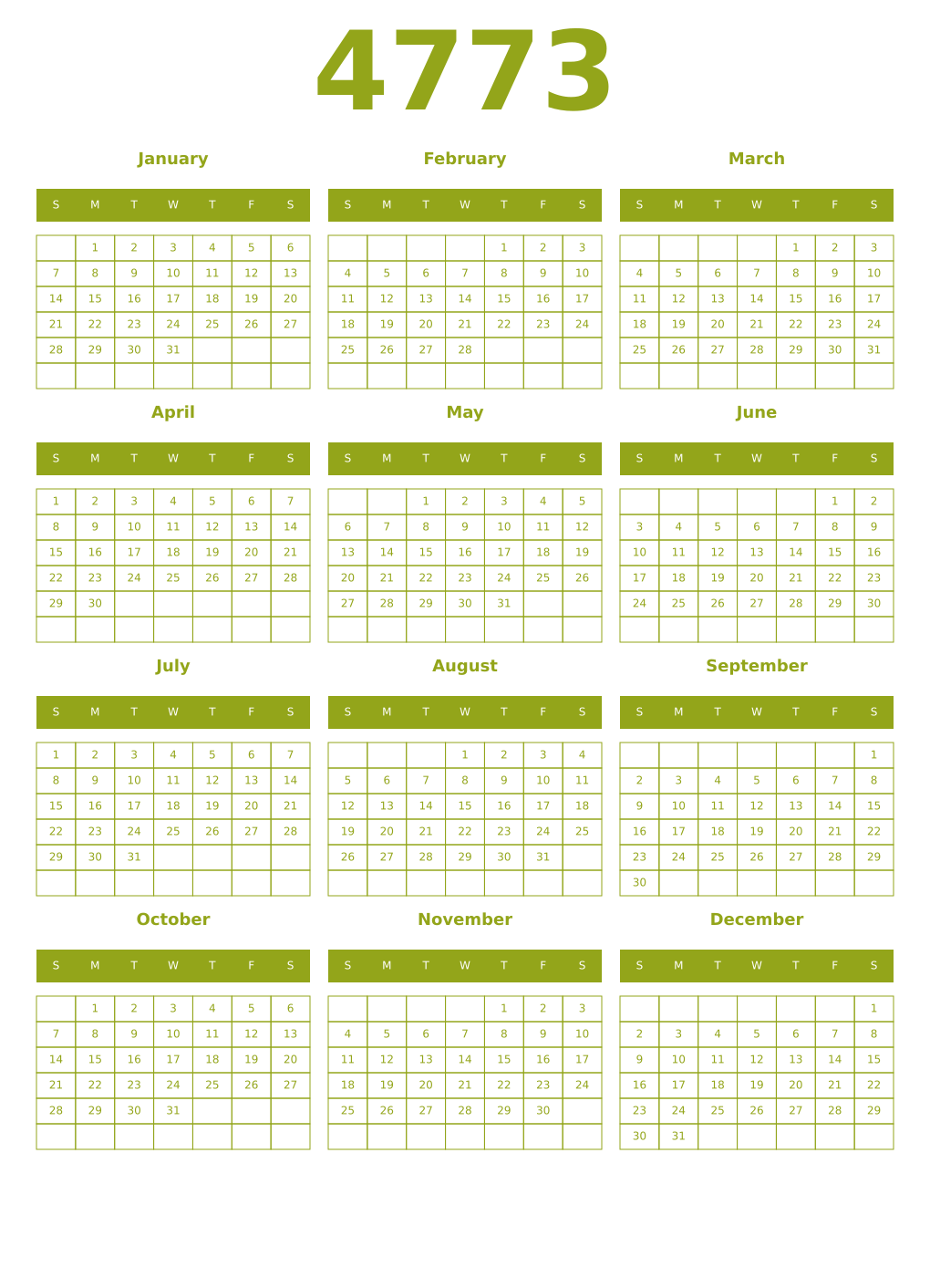 Printable 4773 Year Calendars chartreuse