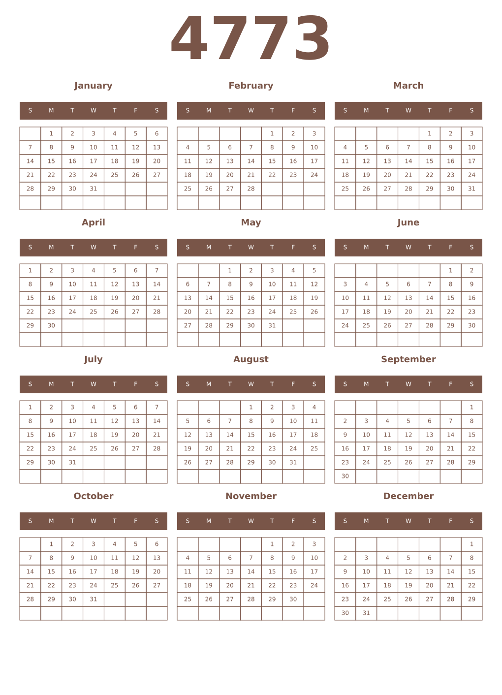 Printable 4773 Year Calendars coffe