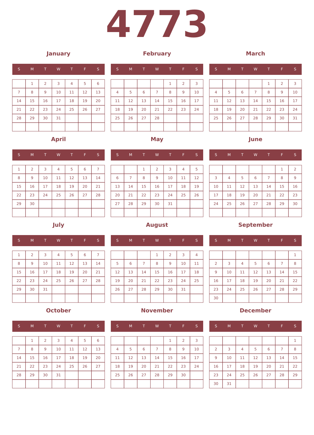 Printable 4773 Year Calendars cordovan