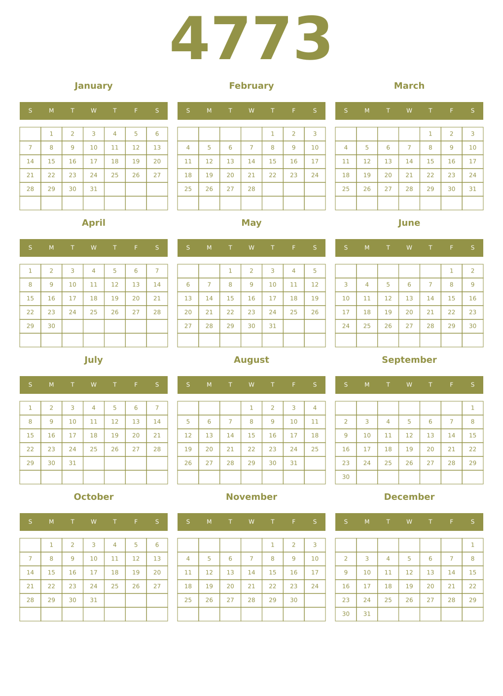 Printable 4773 Year Calendars eburnean