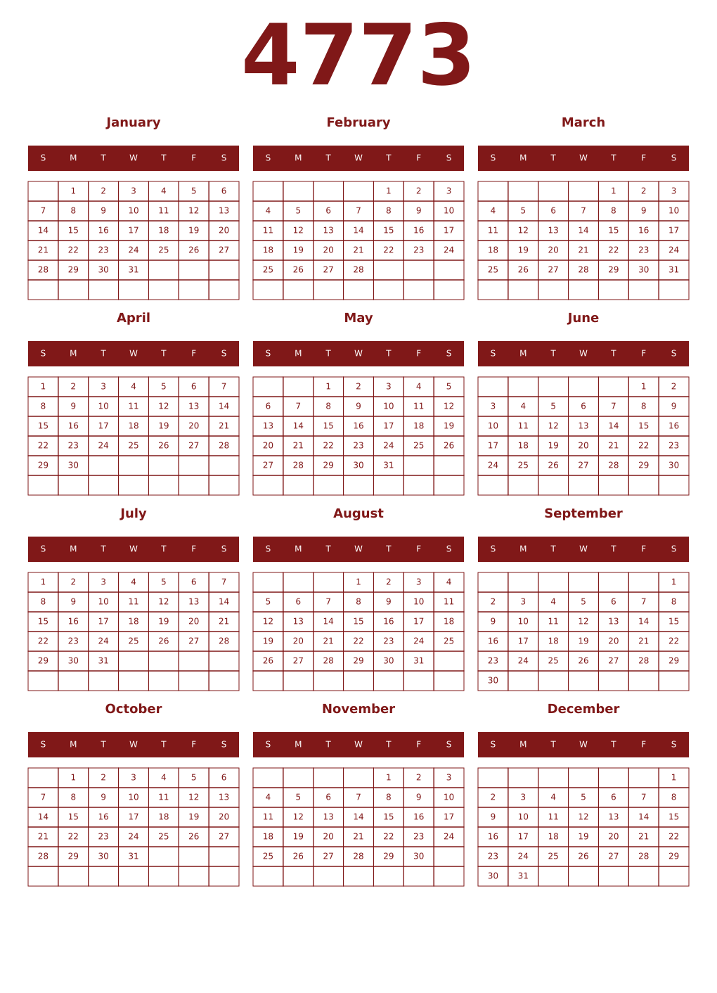 Printable 4773 Year Calendars falu