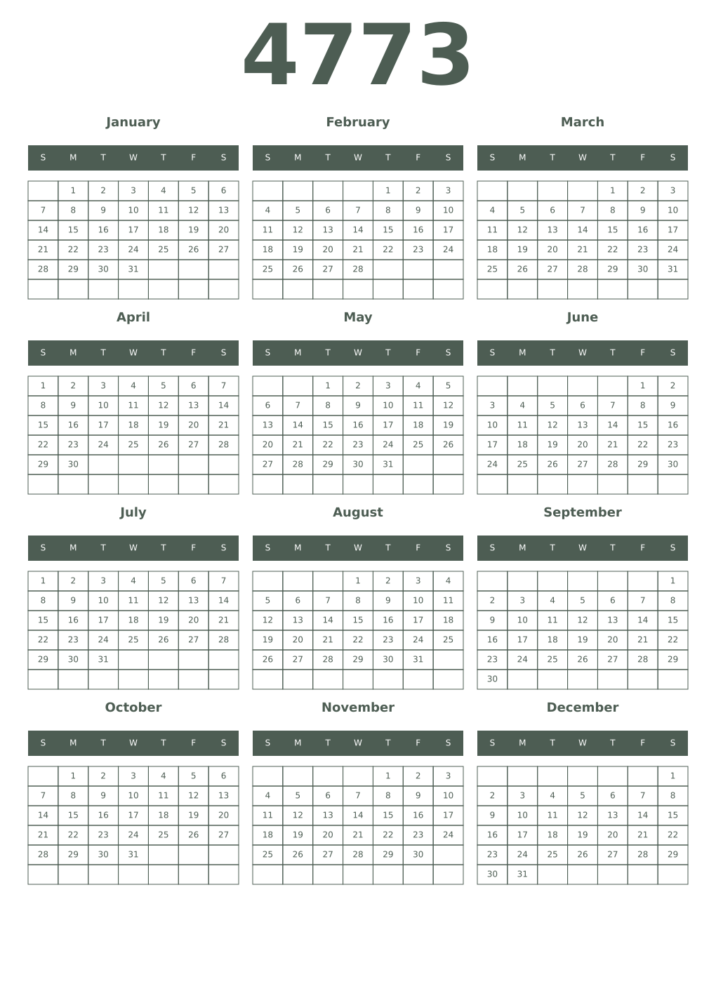 Printable 4773 Year Calendars feldgrau