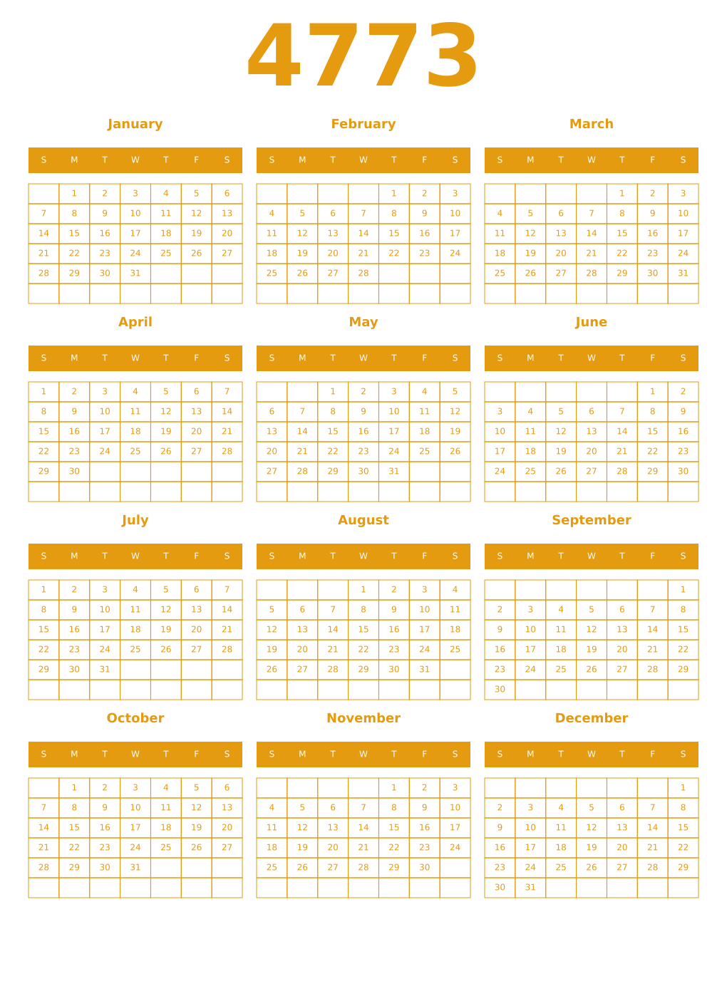 Printable 4773 Year Calendars gamboge
