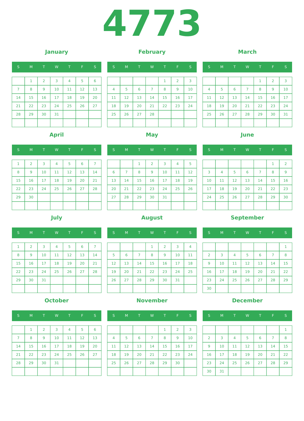 Printable 4773 Year Calendars green