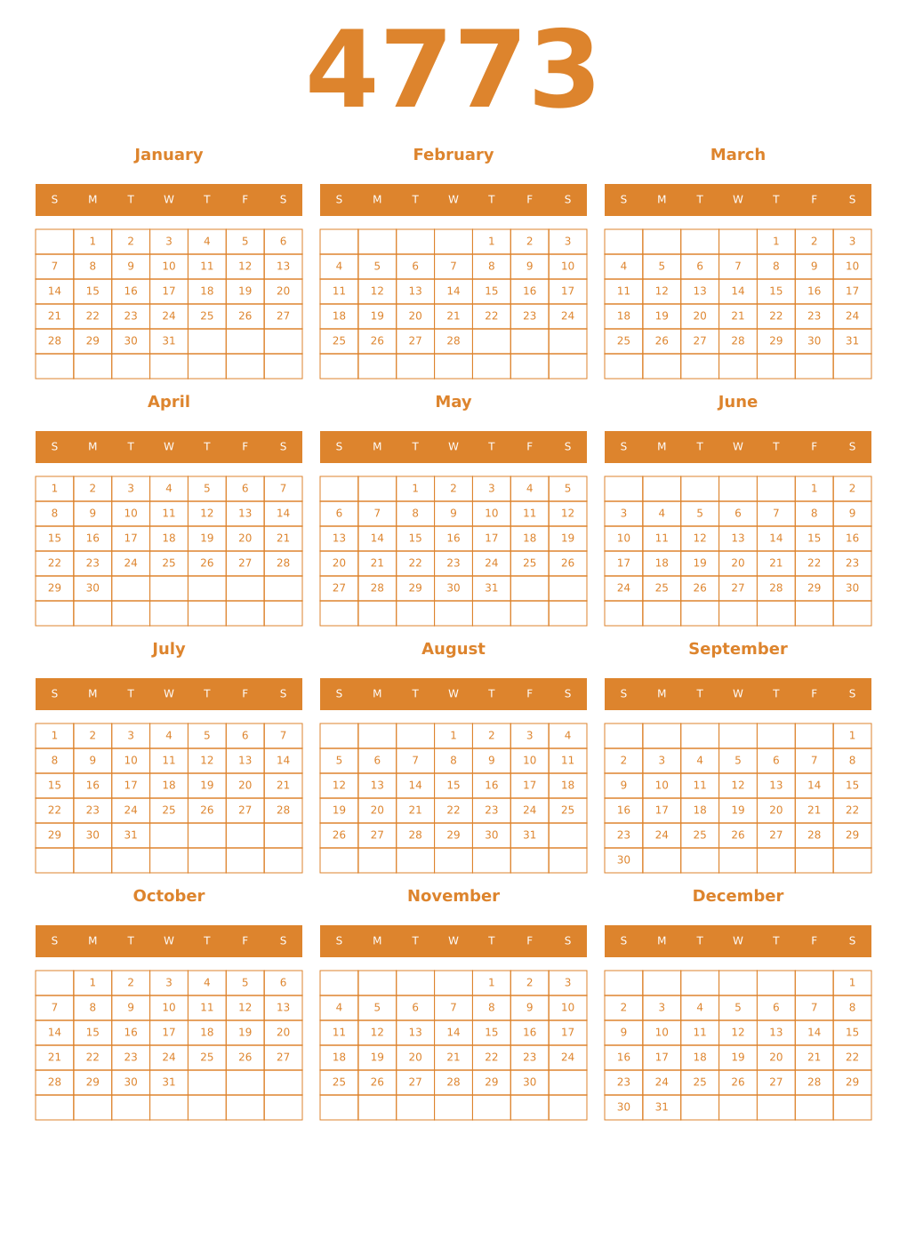 Printable 4773 Year Calendars orange