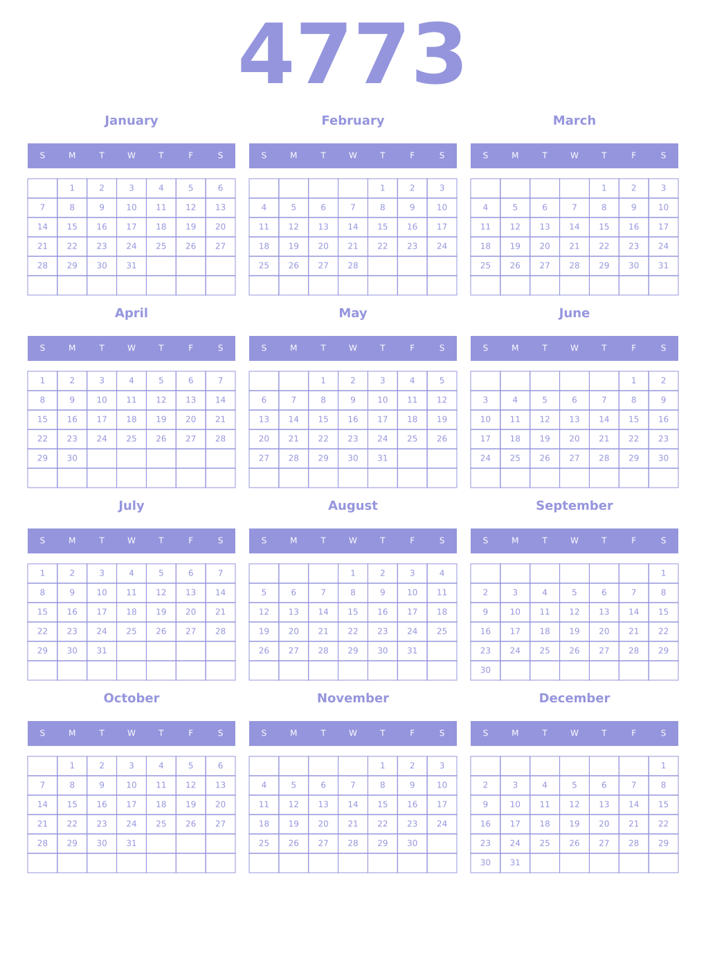 Printable 4773 Year Calendars periwinkle