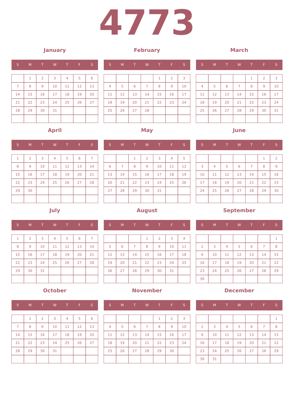 Printable 4773 Year Calendars puce