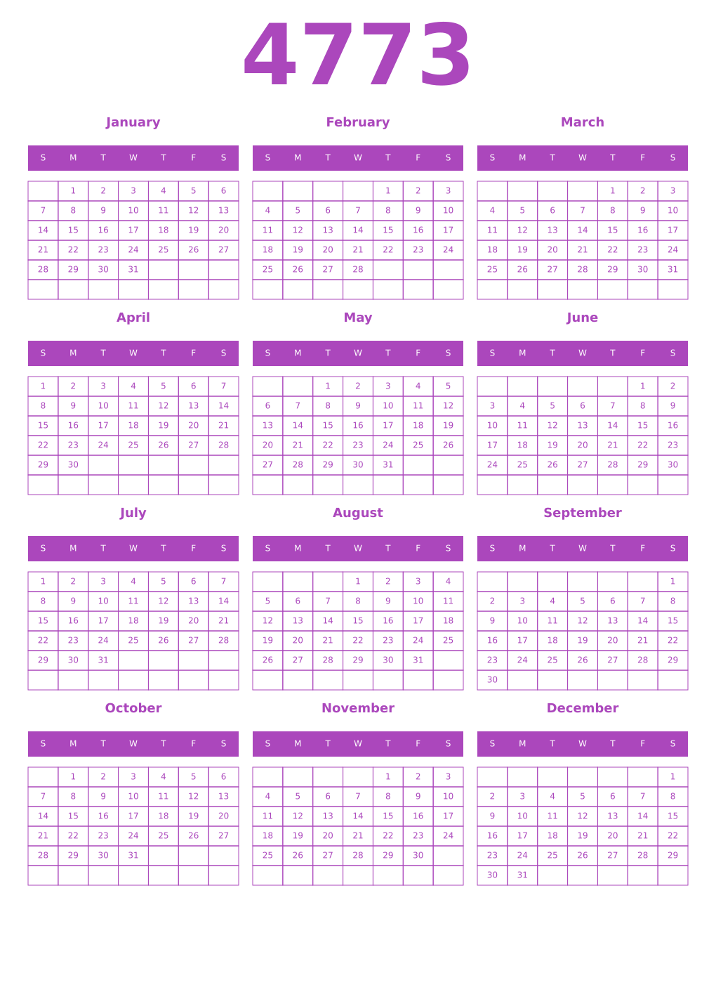 Printable 4773 Year Calendars purple